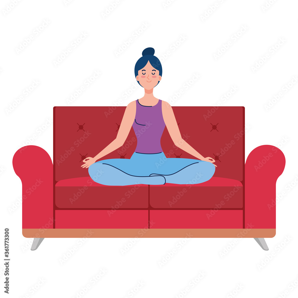 Sticker woman meditating sitting in couch, concept for yoga, meditation, relax, healthy lifestyle vector ill