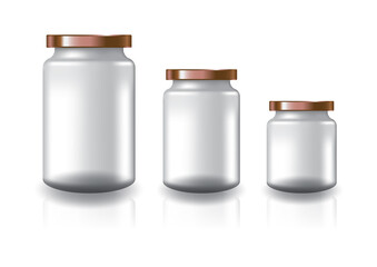 3 sizes of blank clear round jar with copper flat lid for supplements or food product. Isolated on white background with reflection shadow. Ready to use for package design. Vector illustration.