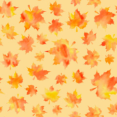 Naklejka na ściany i meble Watercolor orange maple leaves on yellow background. Seamless pattern. Hand-painted texture. Watercolor stock illustration. Design for backgrounds, wallpapers, textile, covers and packaging.