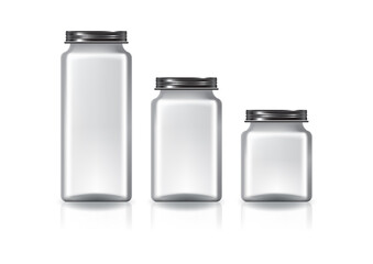 3 sizes of blank clear square jar with black screw lid for supplements or food product. Isolated on white background with reflection shadow. Ready to use for package design. Vector illustration.