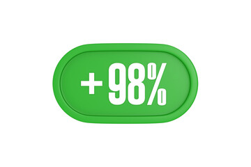 98 Percent increase 3d sign in green color isolated on white background, 3d illustration.