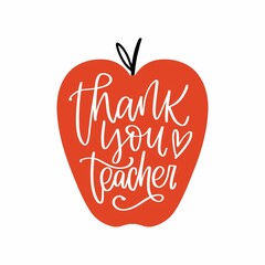 School, kindergarten graduation gratitude quote vector design. Appreciation words, Thank you teacher handwritten modern calligraphy phrase, apple silhouette and heart symbol. 