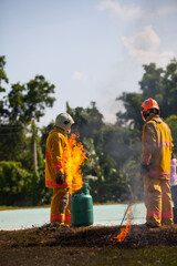 Firefighter with fire and suit for protect fire fighter for training firefighters.