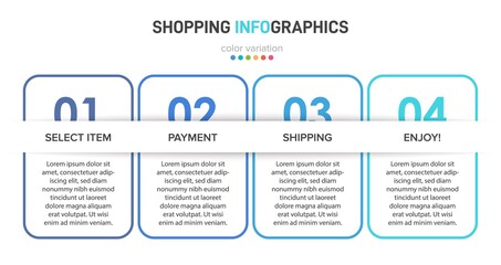 Concept of shopping process with 4 successive steps. Four colorful graphic elements. Timeline design for brochure, presentation, web site. Infographic design layout.