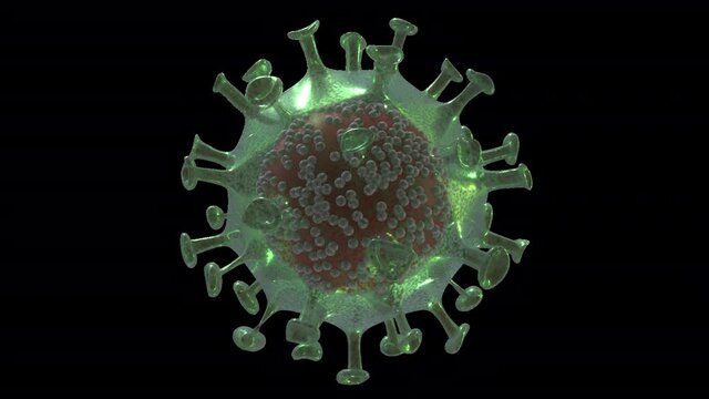 3d loop Transparent reflective Coronavirus Covid-19 viral cell infection causing disease. Pneumonia viruses, SARS covid, Flu, Orbiting Microscopic view of floating corona virus cell with alpha channel
