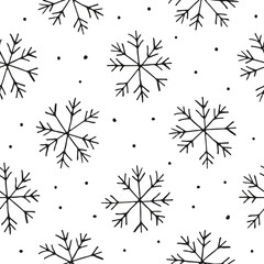 Black and white seamless pattern with hand drawn scribble ink snowflakes, dots.