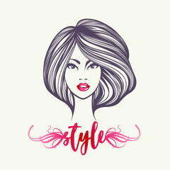 Beauty salon and hair studio logo.Beautiful woman with long, wavy hairstyle and elegant makeup.Cute portrait.Cosmetics and spa icon.Red lipstick.Young lady face.