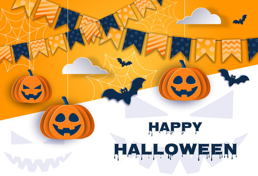 Halloween background with pumpkins and bats in paper style, 3D halloween