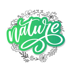 100 natural green lettering sticker with brushpen calligraphy. Eco friendly concept for stickers, banners, cards, advertisement. Vector ecology nature design.