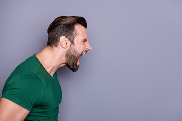 Profile photo of attractive crazy guy neat hairdo bristle yelling furious side empty space fighting...