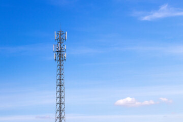 Telecommunication tower with blue sky and white clouds background,satellite pole communication technology.