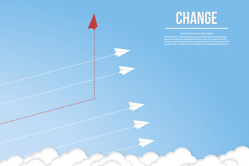 Think differently concept. Red airplane changing direction. New idea, change, trend, courage, creative solution, innovation and unique way concept.	