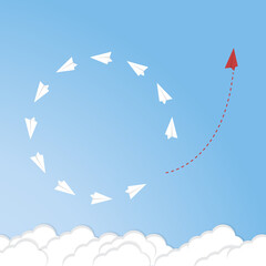 Think differently concept. Red airplane changing direction. New idea, change, trend, courage, creative solution, innovation and unique way concept.	