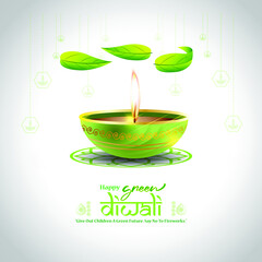 Illustration of greeting for Happy Green Diwali with Illuminated Oil Lit Lamp with leaves for Indian Festival of Lights on abstract background.