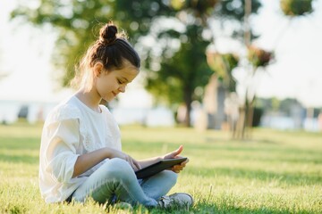 Little girl sitting on grass and playing tablet pc, toning photo.