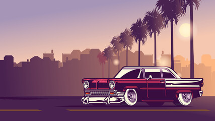 classic american in the downtown city sunset - obrazy, fototapety, plakaty