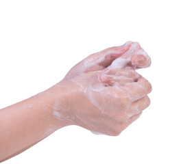 Washing hands isolated on white background. Asian young woman using liquid soap to wash hands, concept of protecting pandemic coronavirus, close up.