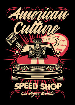 shirt design of american muscle car speed shop