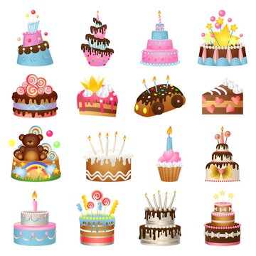 Cake birthday icons set. Cartoon set of cake birthday vector icons for web design
