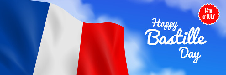14th of july France independence bastille day banner design with french flags on sky background