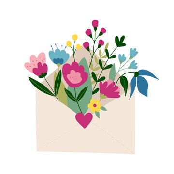 Letter with a bouquet of flowers. Vector flat illustration isolated on a white background. Valentines day card design. Cute postcard.