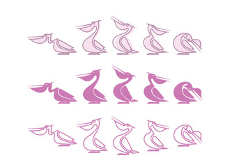 Funny pelican silhouette. Logo. Set. Vector isolated character. Pink bird with contour line. 