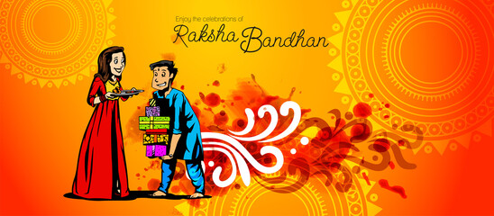illustration of greeting card, sale abstract or poster with decorative Rakhi for Raksha Bandhan, Indian festival of brother and sister bonding celebration with hindi text meaning 'raksha bandhan' 