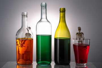 bottles of alcohol of different colors for bottles of skeletons