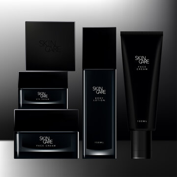 Vector Black Toiletries or Beauty Packaging Set with Black square Cap Clear Jar, Bottle & Tube.