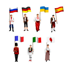 set of people of different nationalities  with flags of Ukraine, Japan, Spain, Germany, Russia, Italy, France