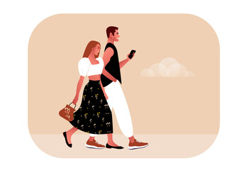 Couple in love walking. Man and woman in fashionable clothes together. Date, relationships, engagement vector illustration in flat style.
