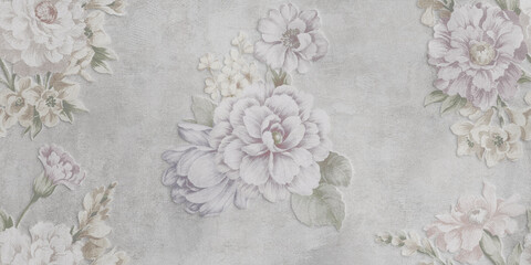 Fototapety  Kwiaty na starym szarym tle ściany, cyfrowe płytki ścienne lub wzór tapety. Cyfrowy kolorowy wzór płytek ściennych do łazienki i kuchni