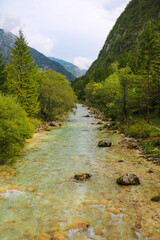 Fototapeta na wymiar Triglav national park in Slovenia: mountains, emerald rivers, forests.