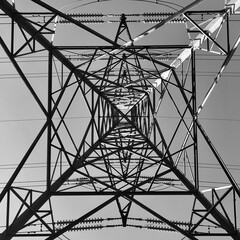 View upwards from underneath an electricity pylon