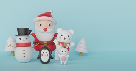 Merry Christmas and Happy New Year, Christmas banner .with cute Santa clause  and friends  3 d rendering . 