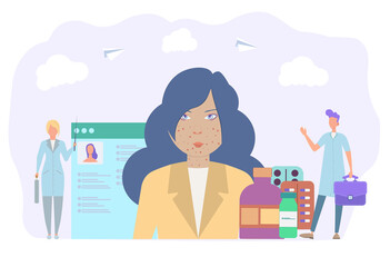 An allergist doctor diagnoses a patient. Seasonal allergies to flowering flowers and animal hair, symptoms and treatment. Skin and blood analysis. Diagnosis of allergies. Colorful vector illustration.