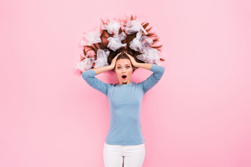 Top above high angle view photo of astonished despair woman have plastic bags hair feel afraid earth world polution touch head scream wear jumper sweater lay isolated pink color background