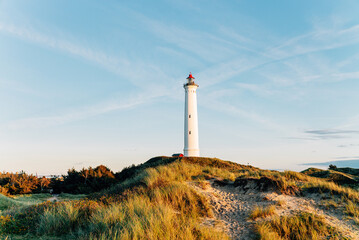 Fototapeta na wymiar Lyngvig Fyr bei Hvide Sande - Leuchtturm an Nordsee 