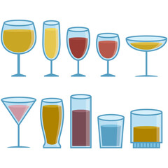 Glasses. Retro style illustration of a few glasses and cups with drinks.
