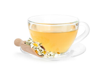Fresh chamomile tea and dry flowers in scoop isolated on white