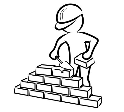 Construction worker with trowel and mortar builds a wall / contour vector drawing 