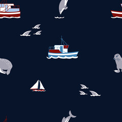 Pattern with different elements as boats, sharks, dolphins, seals cartoon illustrations. Sea life kid textile, wrapping paper, background
