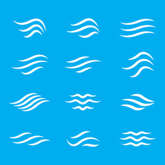 Water wave icon set. Vector symbols isolated on blue background. Flat water wave icons for liquid sign, element design and logo template. Line style waves, vector illustration