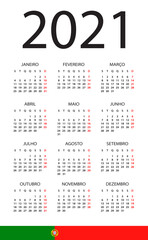 Calendar 2021 - illustration. Portuguese version.Week starts on Monday