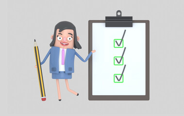 Businesswoman with a giant pencil next to a clipboard with checklist. Isolated. 3d illustration.