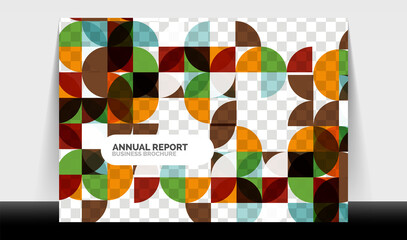 Horizontal A4 business flyer annual report template, circles and triangle style shapes modern geometric design for brochure layout, magazine or booklet