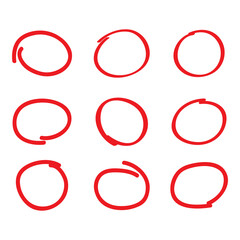 Red circle pen draw set. Highlight hand drawn circle isolated on white background. Handwritten red circle. For marker pen, pencil, logo and text check. Vector illustration