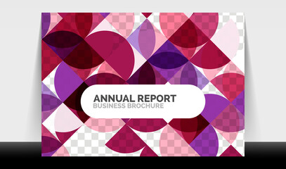 Horizontal A4 business flyer annual report template, circles and triangle style shapes modern geometric design for brochure layout, magazine or booklet