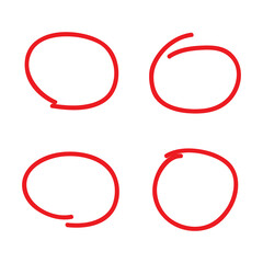 Red circle pen draw set. Highlight hand drawn circle isolated on white background. Handwritten red circle. For marker pen, pencil, logo and text check. Vector illustration