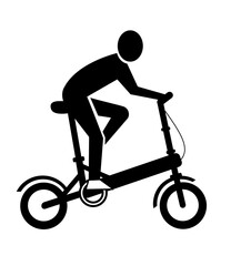 young man riding folding bike silhouette vector